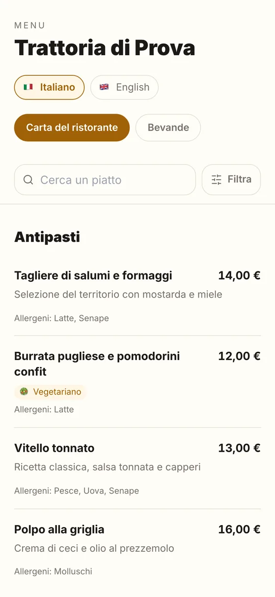 Il menu digitale sul telefono di un cliente: la ricerca in cima, il filtro degli allergeni e i piatti con prezzo e diciture